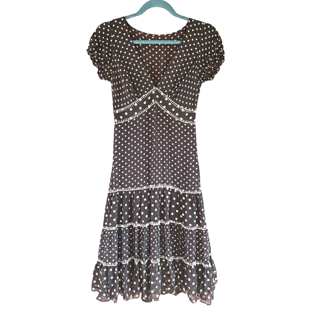 BCBGMaxAzria Polka Dot Ruffled Silk Midi Dress…